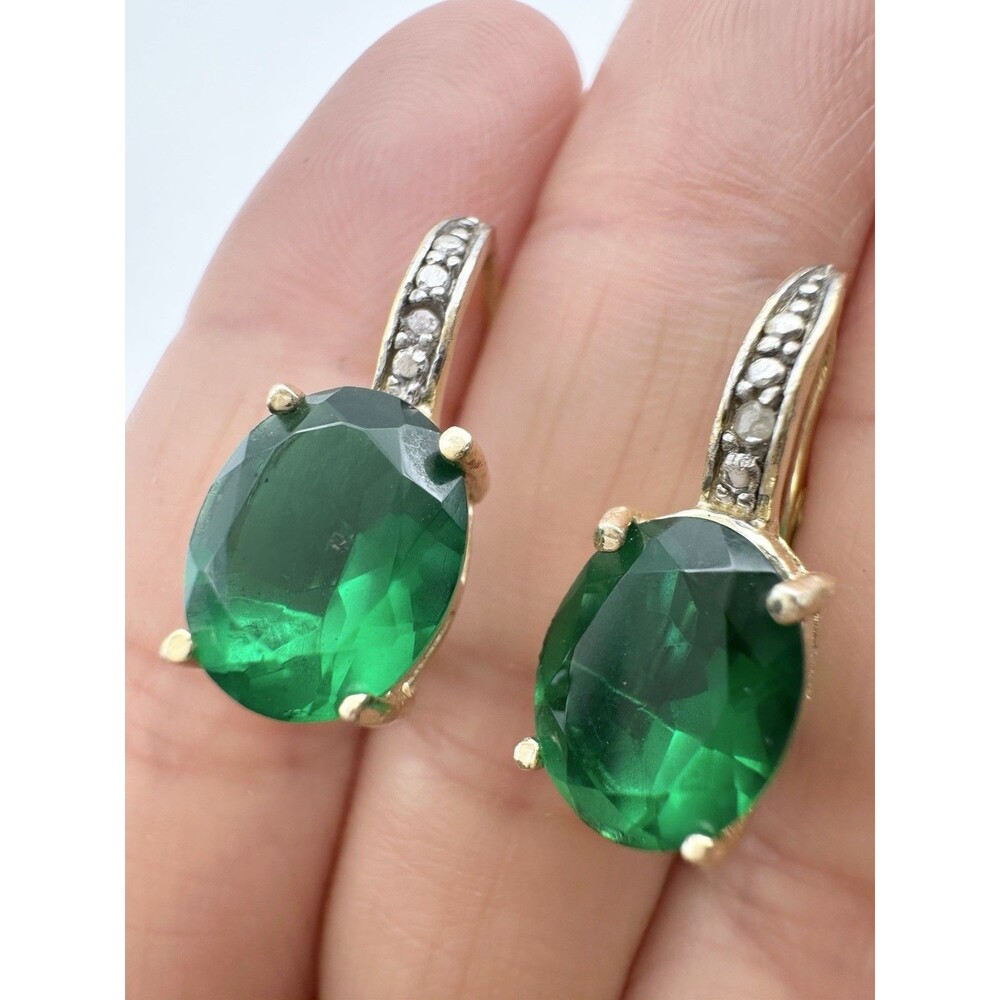 Gold Over Sterling Silver Genuine Diamond Green Stone Earrings